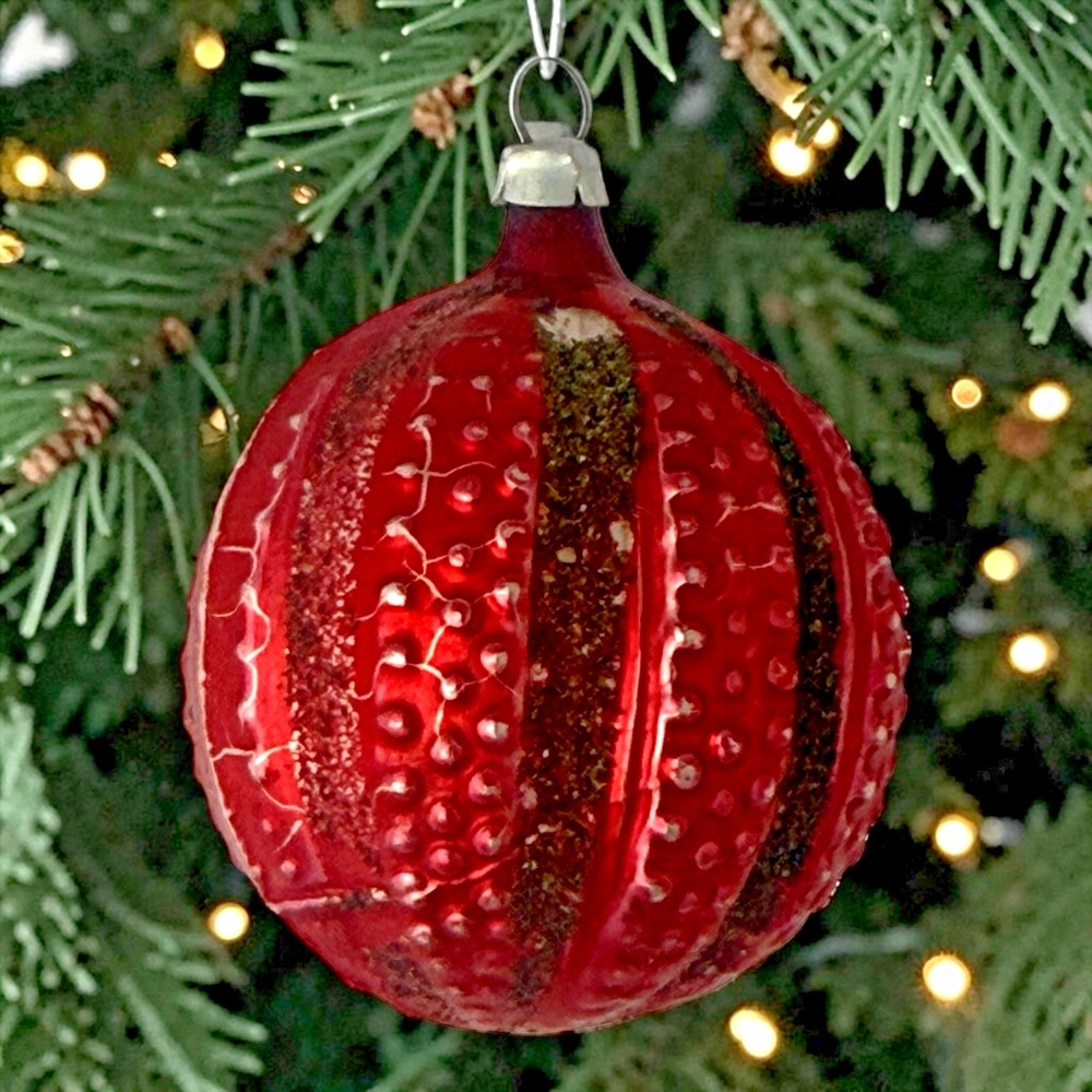 West Germany Red Bumpy Stripe Outdent Mica Glass Christmas 2.5" Ornament Vintage